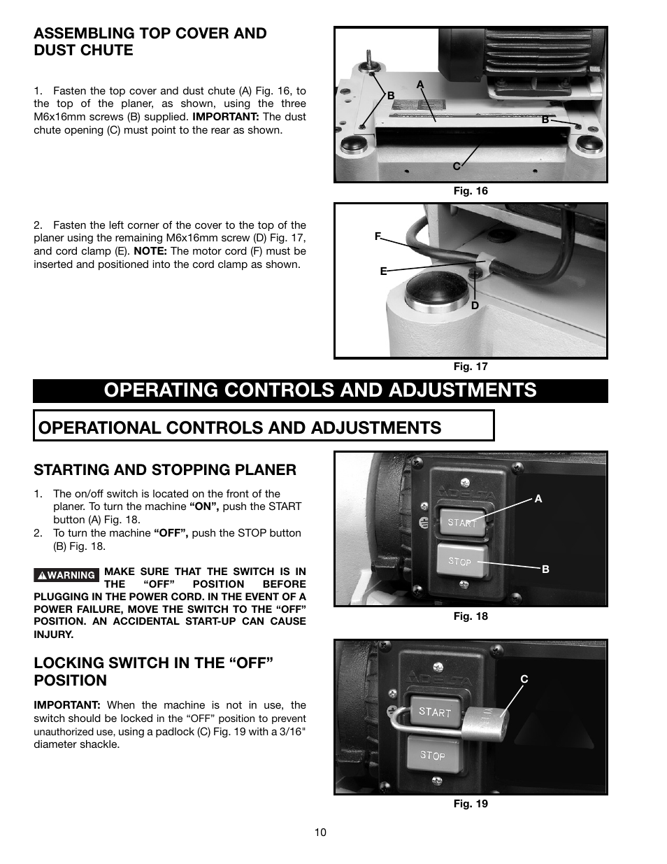 Operating controls and adjustments, Operational controls and adjustments, Assembling top cover and dust chute | Starting and stopping planer, Locking switch in the “off” position | Electrolux 22-785 User Manual | Page 10 / 20