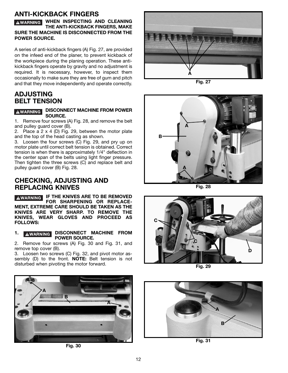 Anti-kickback fingers, Adjusting belt tension, Checking, adjusting and replacing knives | Electrolux 22-785 User Manual | Page 12 / 20