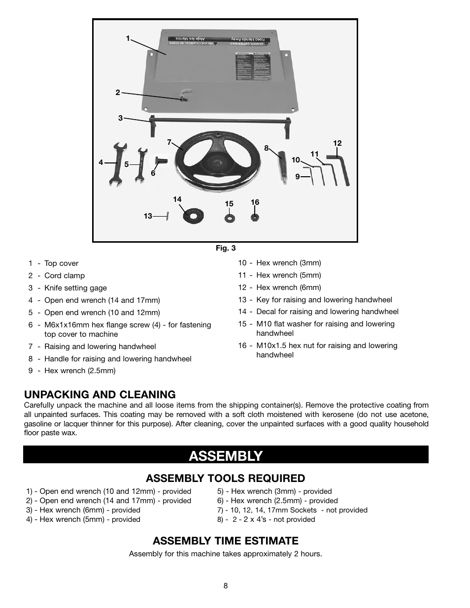 Assembly, Unpacking and cleaning, Assembly tools required assembly time estimate | Electrolux 22-785 User Manual | Page 8 / 20