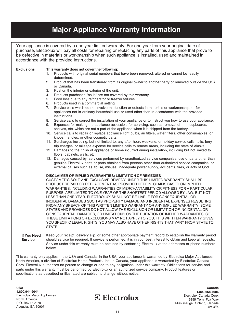 Major appliance warranty information | Electrolux PL36WC50EC User Manual | Page 10 / 12