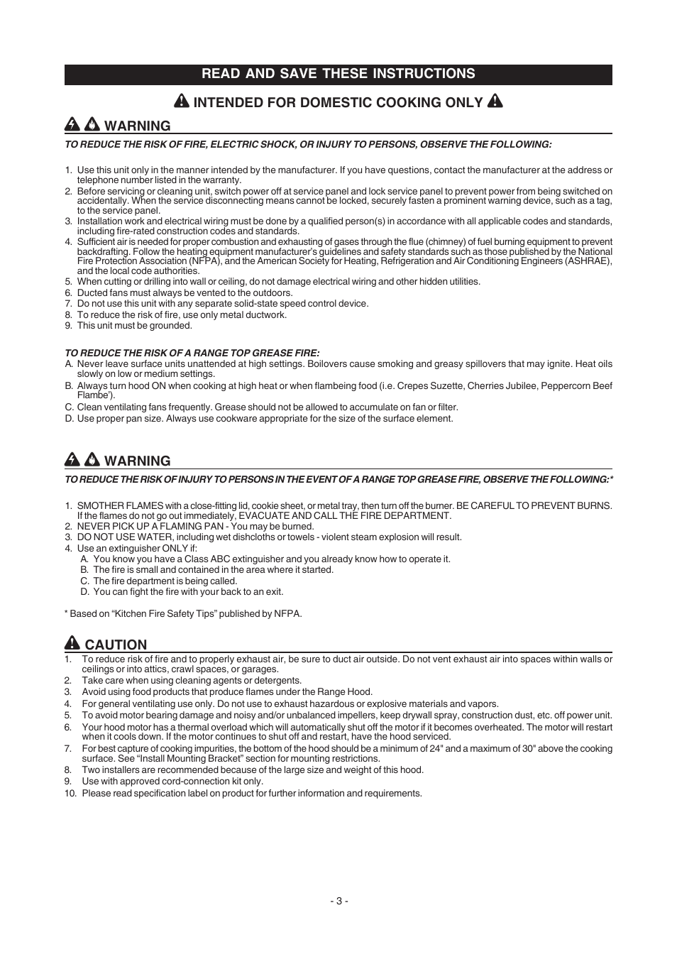 Read and save these instructions warning, Warning, Caution | Intended for domestic cooking only | Electrolux PL36WC50EC User Manual | Page 2 / 12