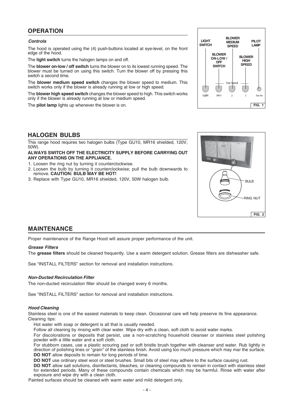 Operation, Halogen bulbs, Maintenance | Electrolux PL36WC50EC User Manual | Page 3 / 12