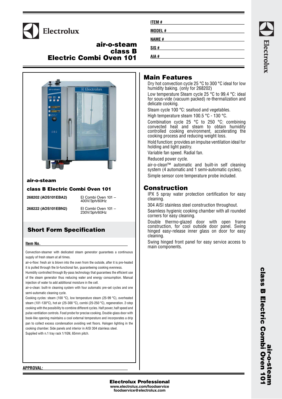 Electrolux air-o-steam class B Electric Combi Oven 101 268202 User Manual | 3 pages