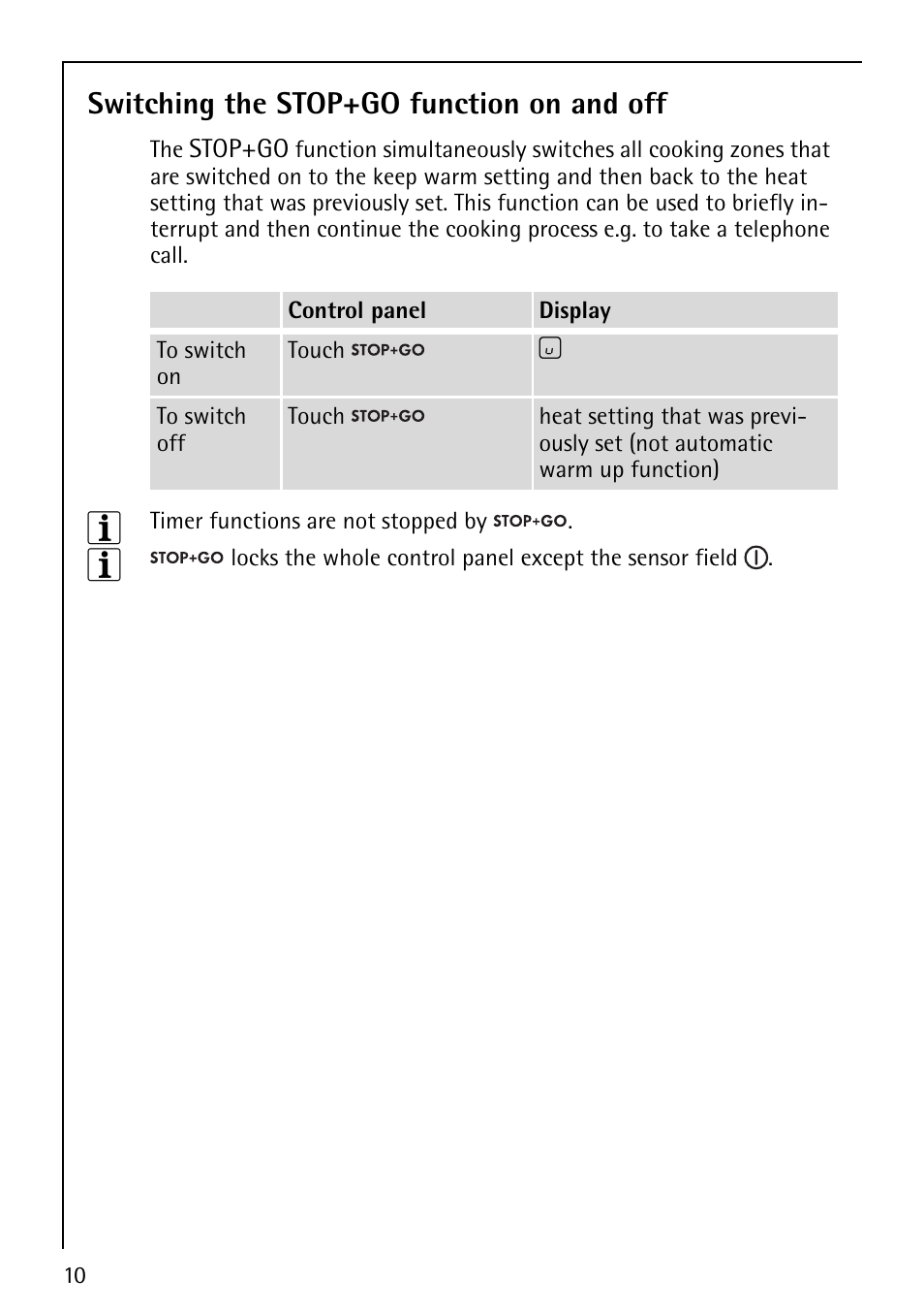 Switching the stop+go function on and off | Electrolux 78001KF-N User Manual | Page 10 / 36