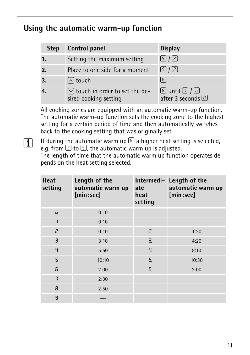 Using the automatic warm-up function | Electrolux 78001KF-N User Manual | Page 11 / 36