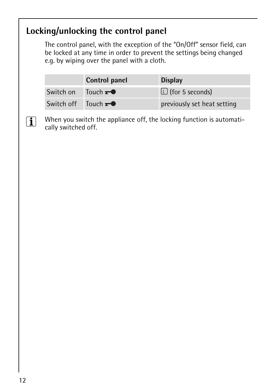 Locking/unlocking the control panel | Electrolux 78001KF-N User Manual | Page 12 / 36