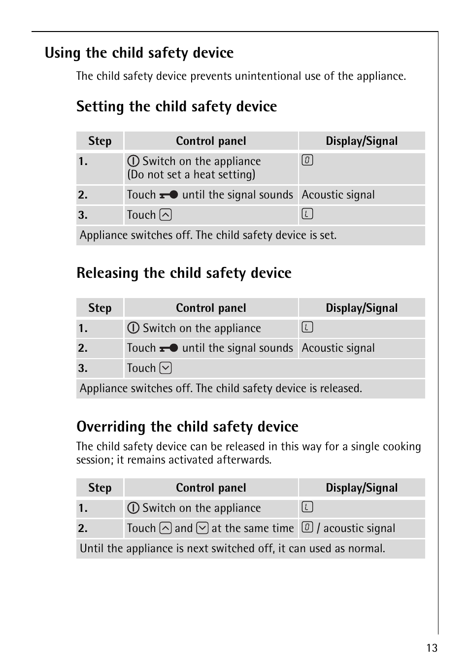 Using the child safety device, Setting the child safety device, Releasing the child safety device | Overriding the child safety device | Electrolux 78001KF-N User Manual | Page 13 / 36