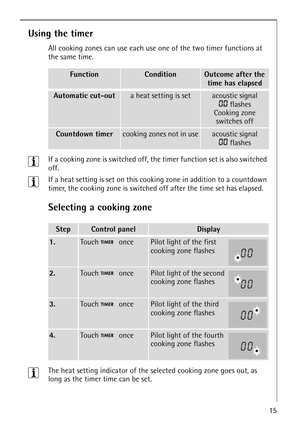 Using the timer, Selecting a cooking zone | Electrolux 78001KF-N User Manual | Page 15 / 36