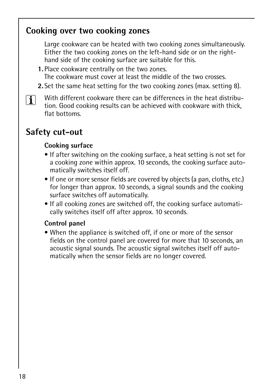 Cooking over two cooking zones, Safety cut-out | Electrolux 78001KF-N User Manual | Page 18 / 36