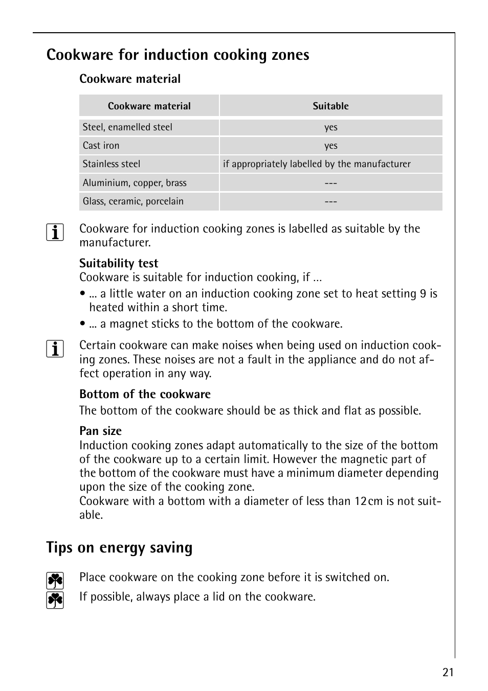 Cookware for induction cooking zones, Tips on energy saving | Electrolux 78001KF-N User Manual | Page 21 / 36