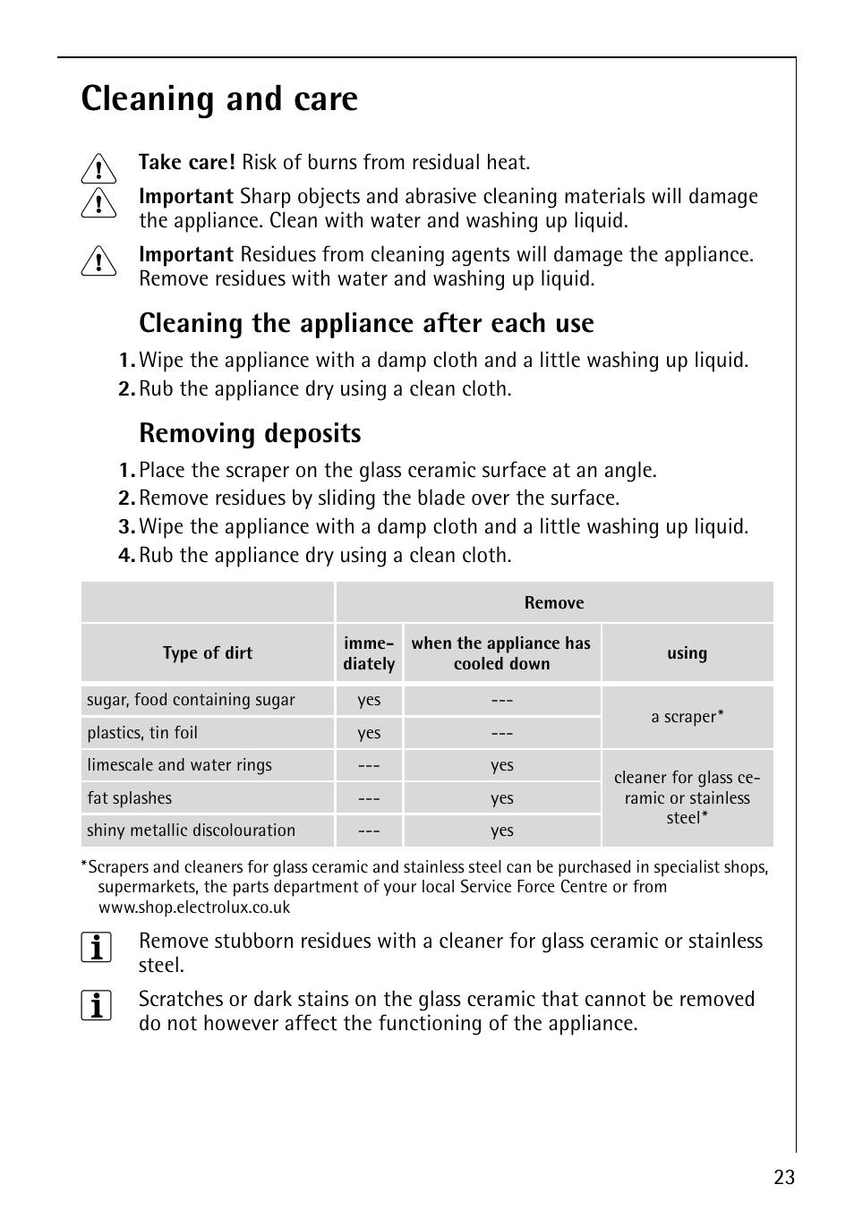 Cleaning and care 1, Cleaning the appliance after each use, Removing deposits | Electrolux 78001KF-N User Manual | Page 23 / 36