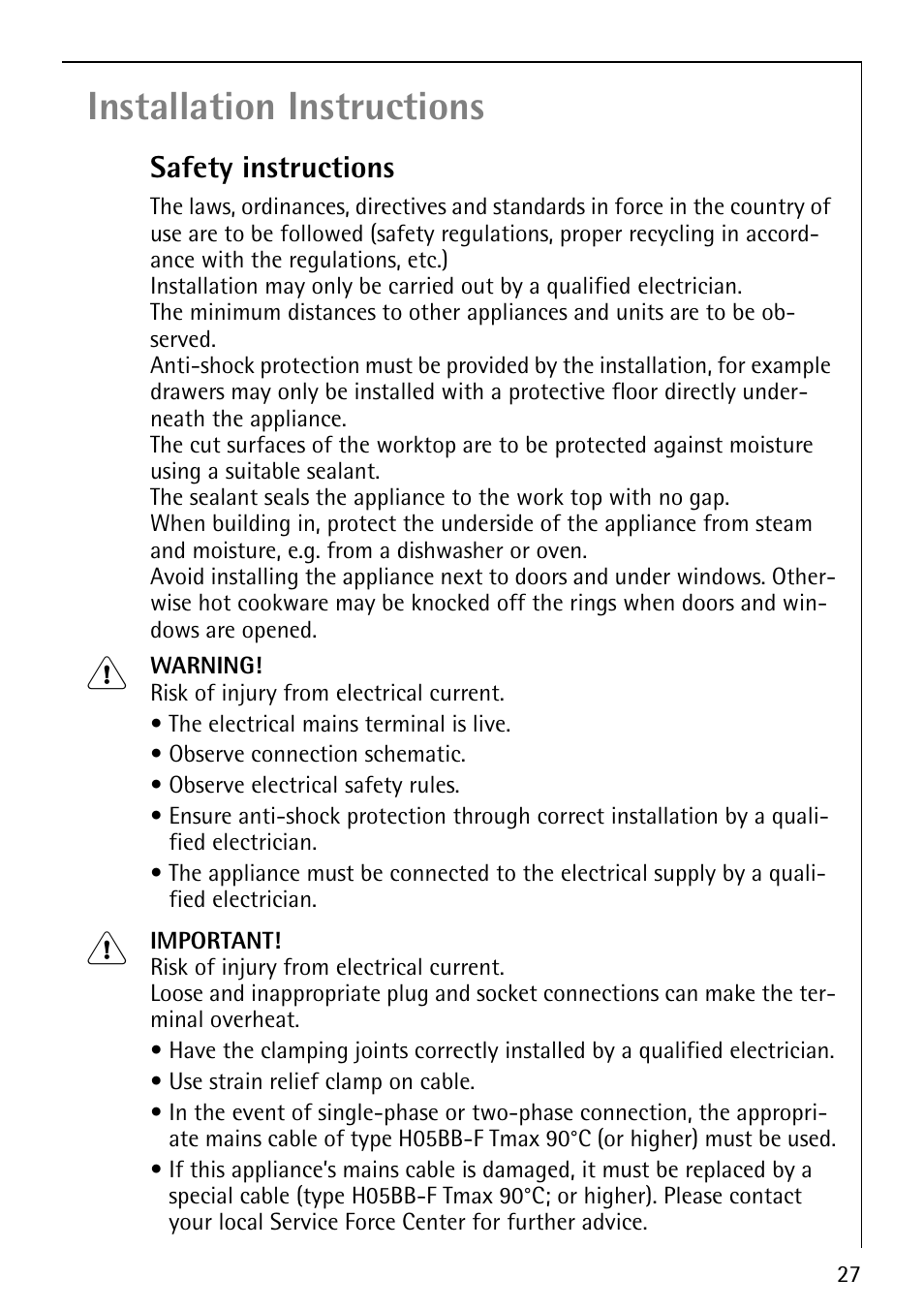 Installation instructions | Electrolux 78001KF-N User Manual | Page 27 / 36