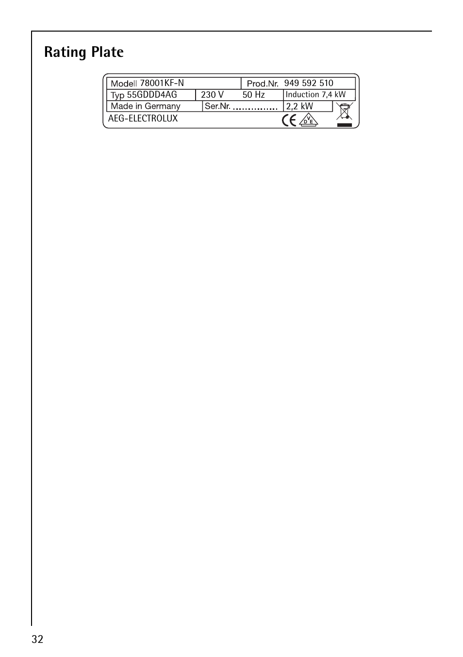 Rating plate | Electrolux 78001KF-N User Manual | Page 32 / 36