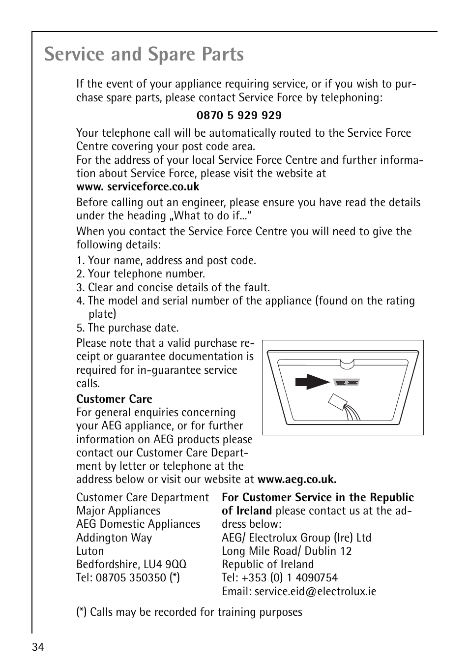 Service and spare parts | Electrolux 78001KF-N User Manual | Page 34 / 36