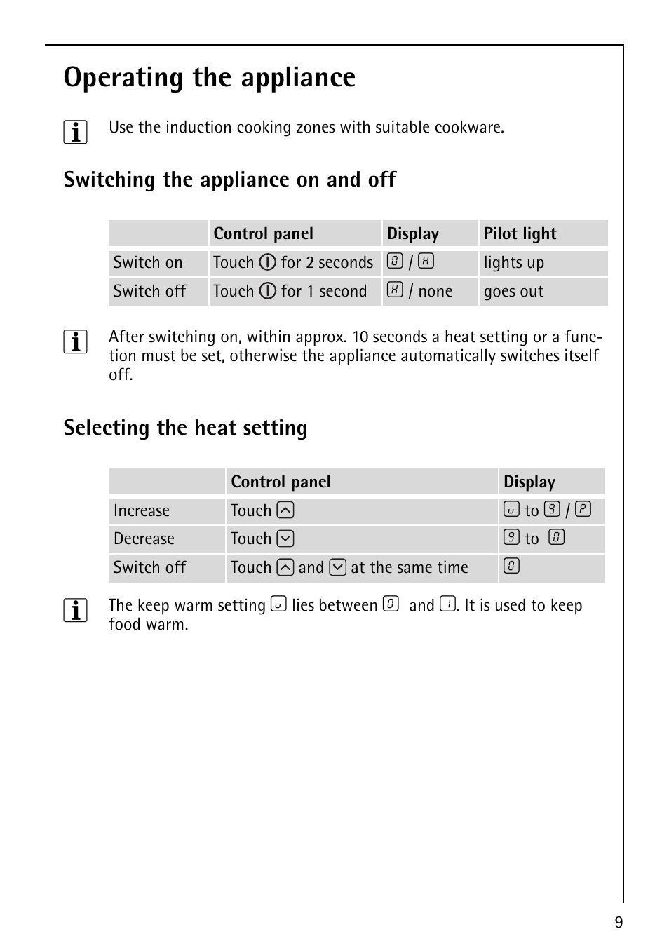 Operating the appliance 3, Switching the appliance on and off, Selecting the heat setting | Electrolux 78001KF-N User Manual | Page 9 / 36