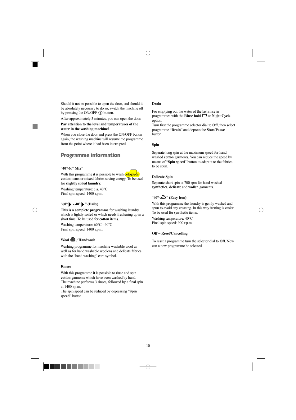 Programme information | Electrolux EW 1418 1 User Manual | Page 10 / 30