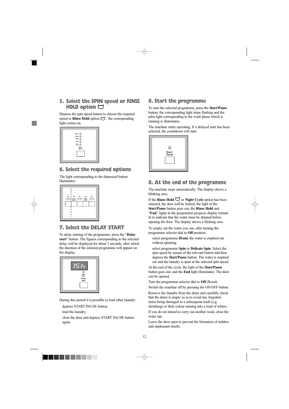 Select the spin speed or rinse hold option, Select the required options, Select the delay start | Start the programme, At the end of the programme | Electrolux EW 1418 1 User Manual | Page 12 / 30