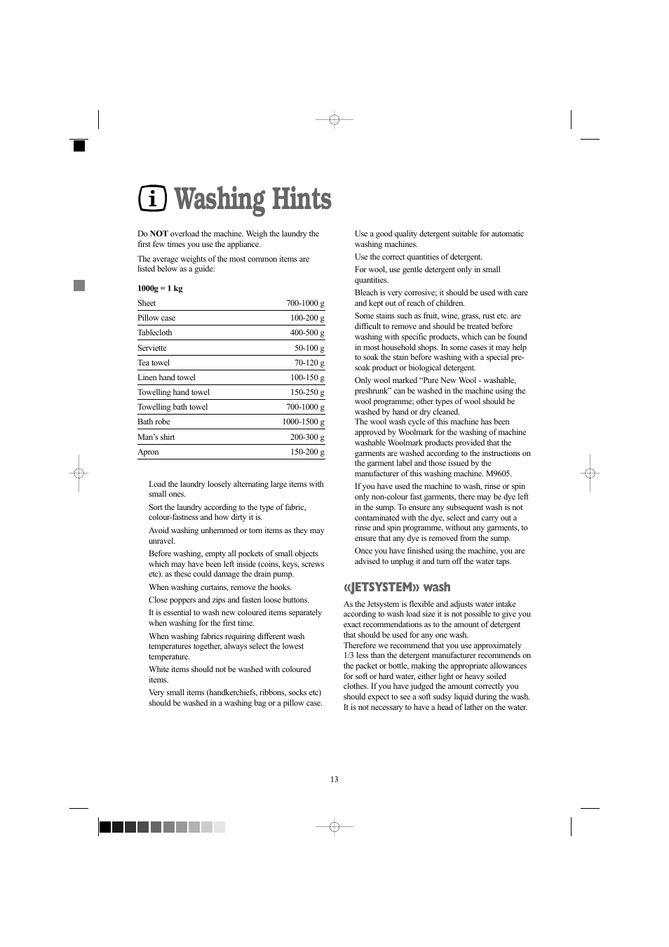 Washing hints, Jetsystem» wash | Electrolux EW 1418 1 User Manual | Page 13 / 30