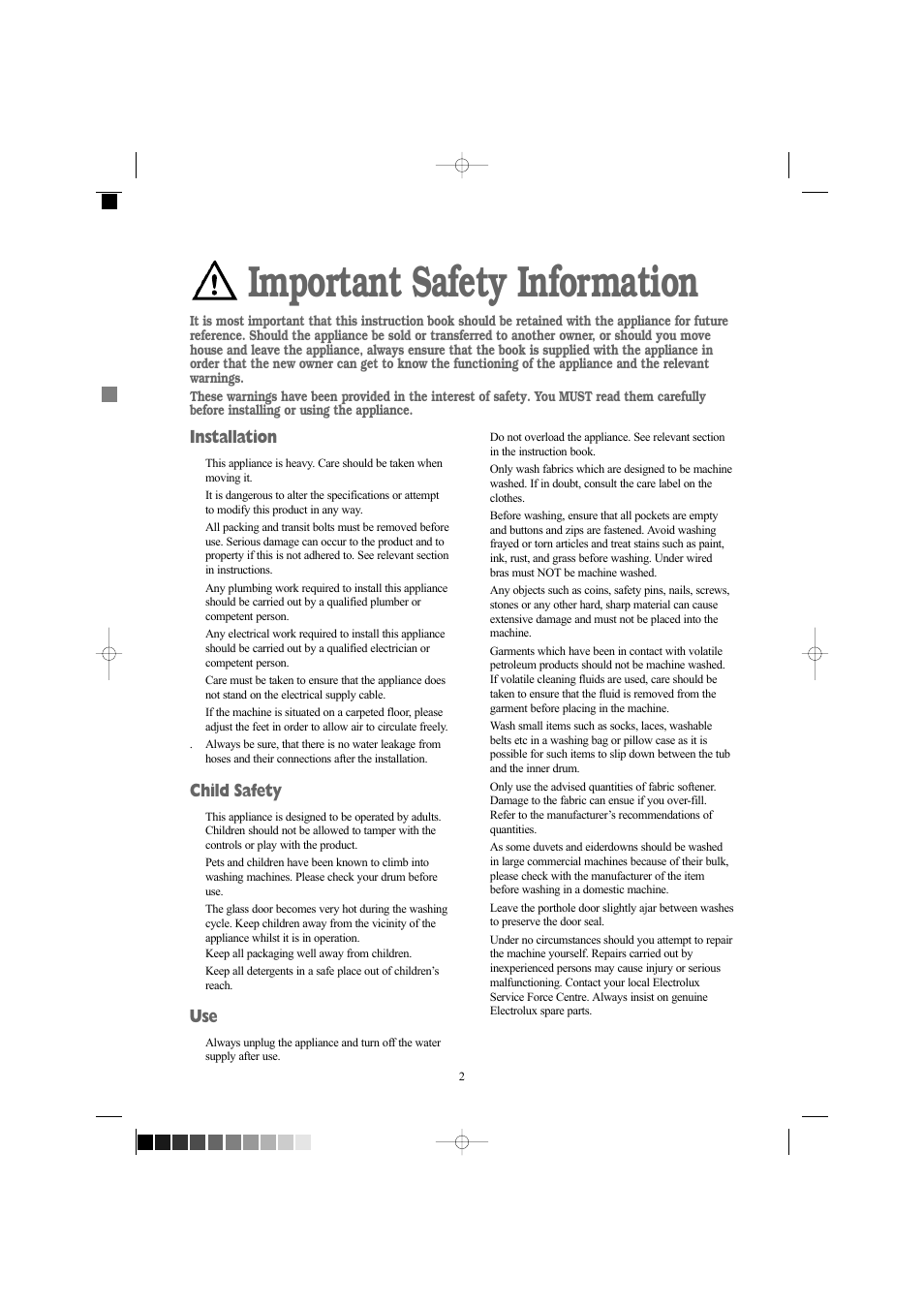 Important safety information, Installation, Child safety | Electrolux EW 1418 1 User Manual | Page 2 / 30