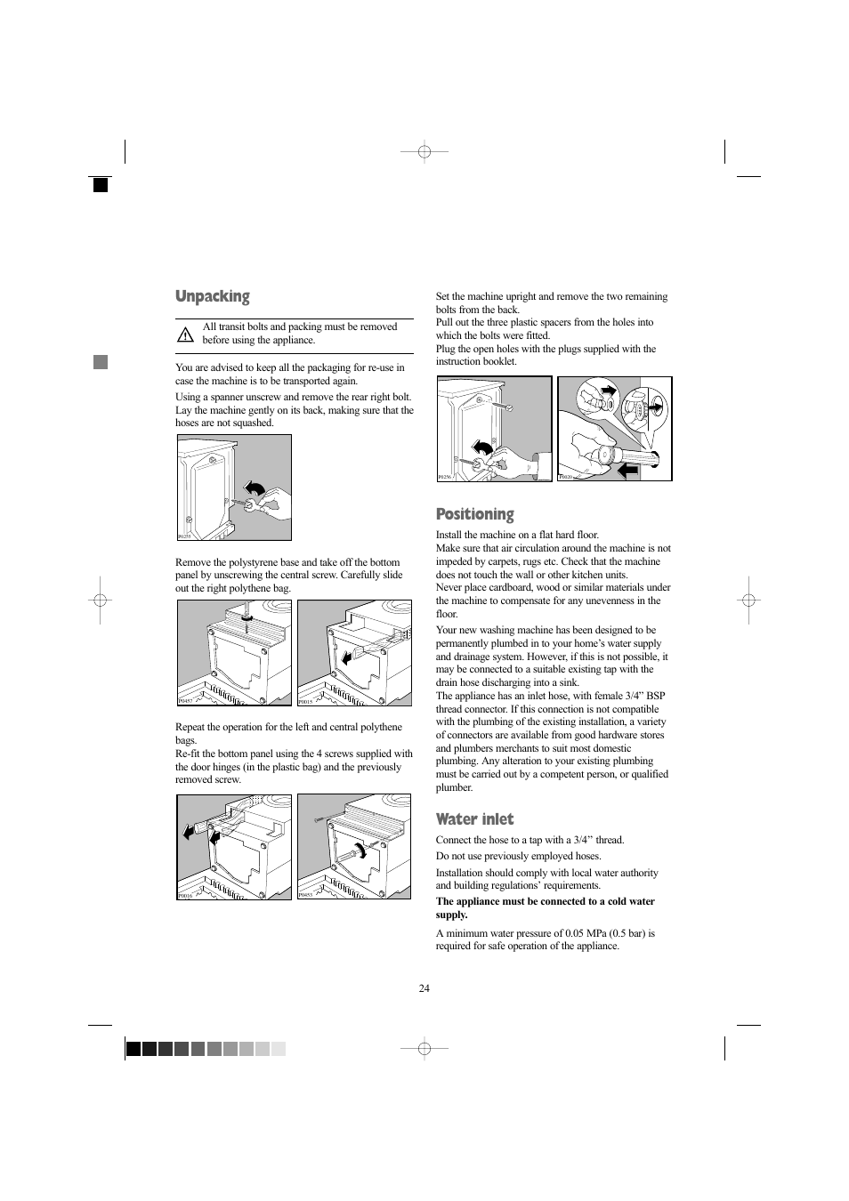 Unpacking, Positioning, Water inlet | Electrolux EW 1418 1 User Manual | Page 24 / 30