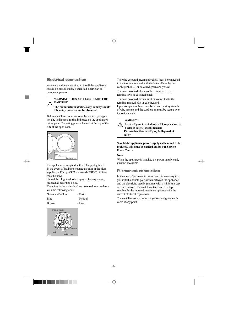 Electrical connection, Permanent connection, Mod . .......... pro d. n o. ........... se r. n o | Electrolux EW 1418 1 User Manual | Page 27 / 30