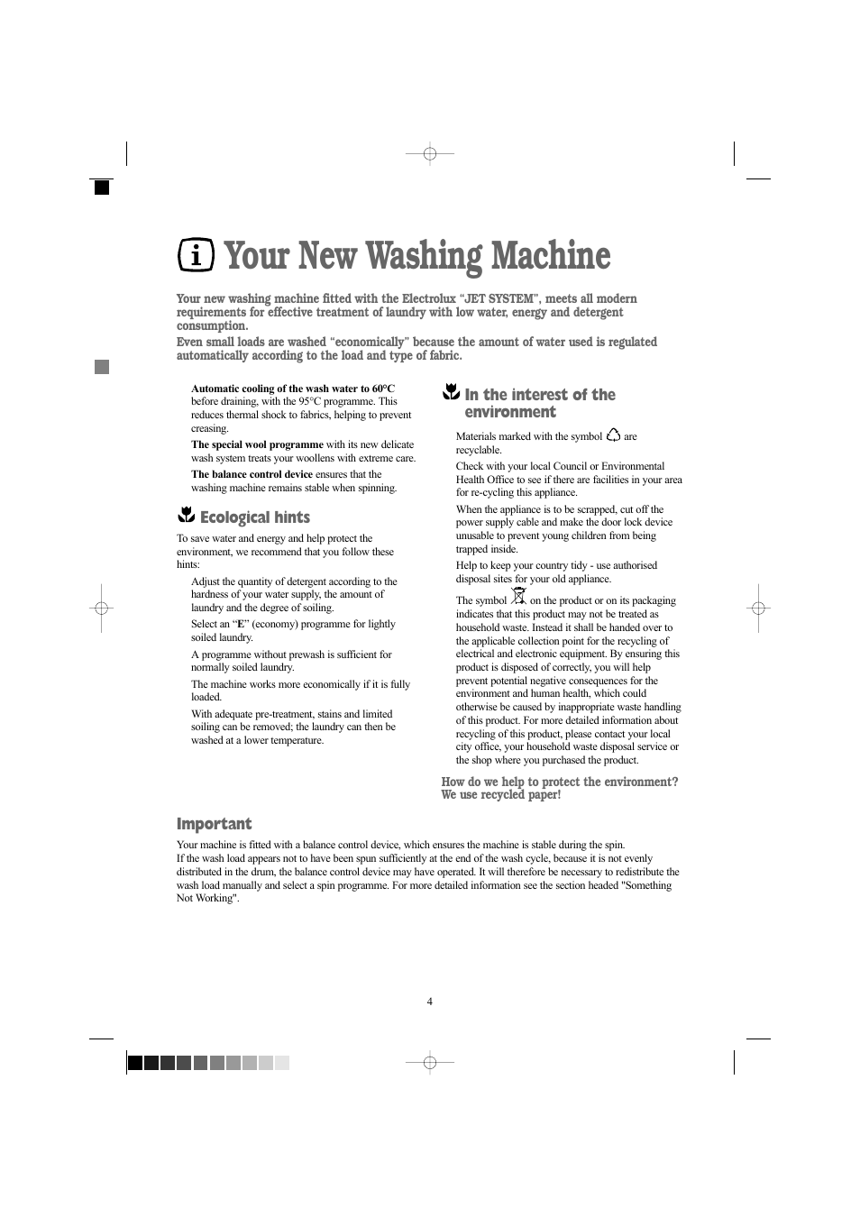 Your new washing machine, Ecological hints, Important | Electrolux EW 1418 1 User Manual | Page 4 / 30