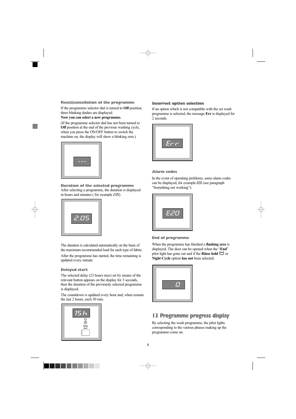 0e20, 13 programme progress display | Electrolux EW 1418 1 User Manual | Page 8 / 30
