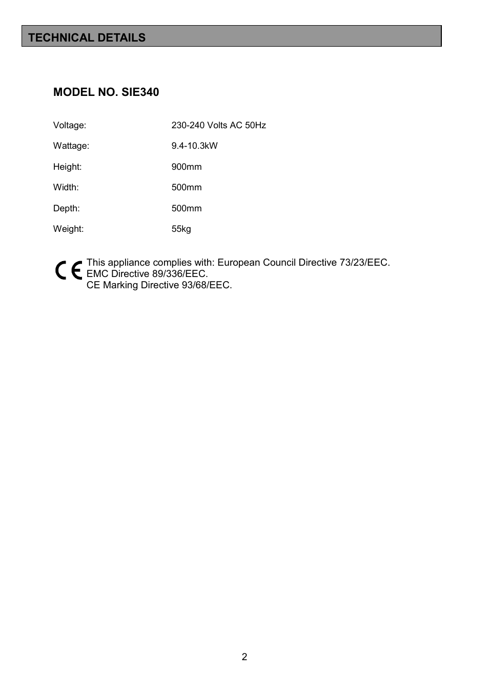 Model no. sie340, Technical details | Electrolux SIE340 User Manual | Page 2 / 32