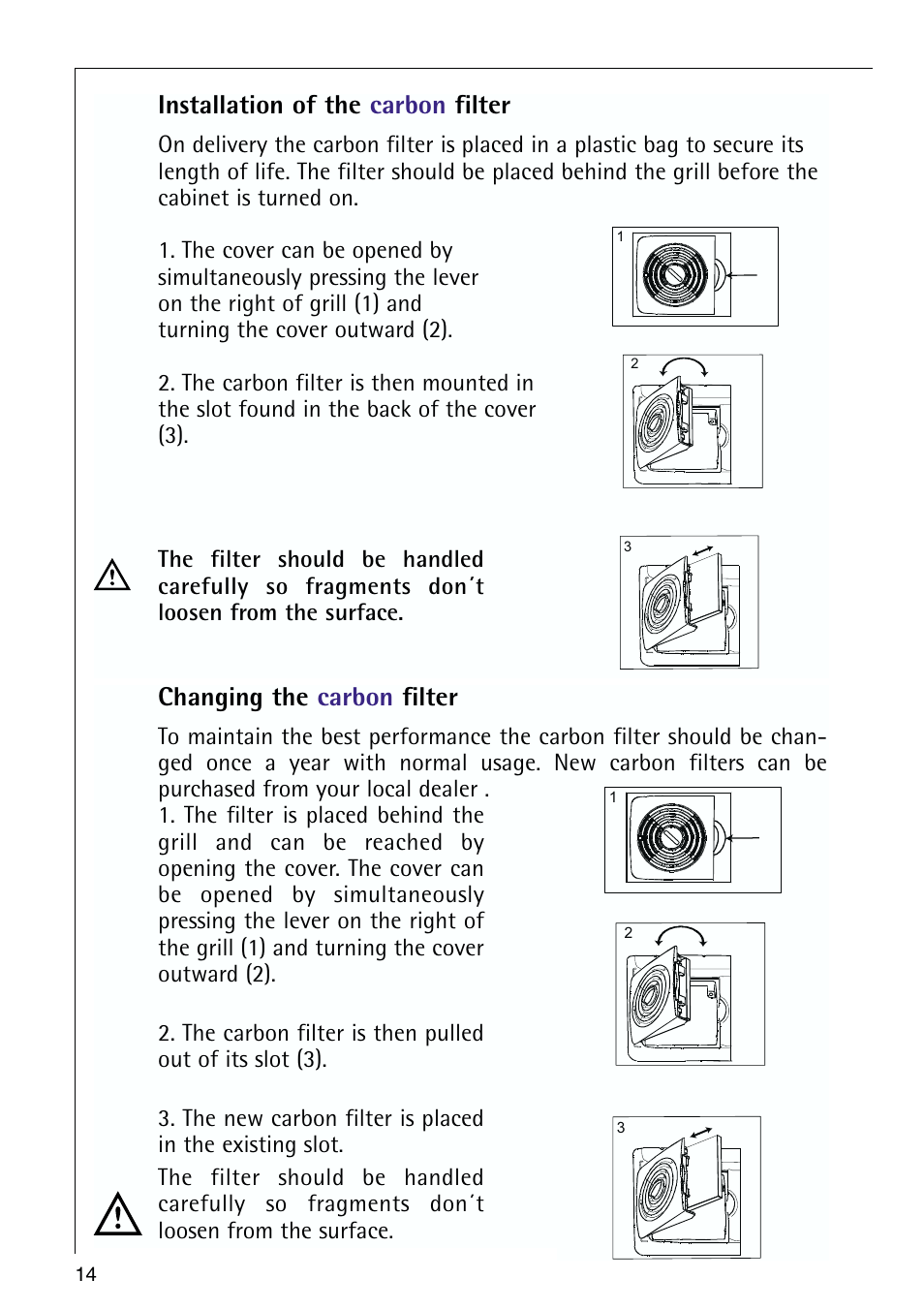 Changing the carbon filter, Installation of the carbon filter | Electrolux 72398 KA User Manual | Page 14 / 28