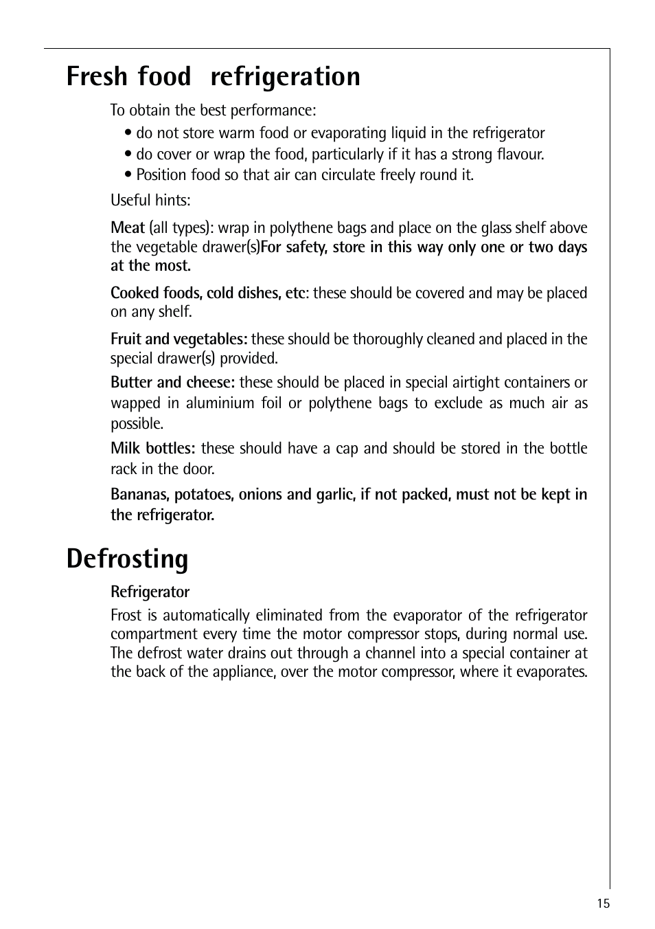 Fresh food refrigeration, Defrosting | Electrolux 72398 KA User Manual | Page 15 / 28