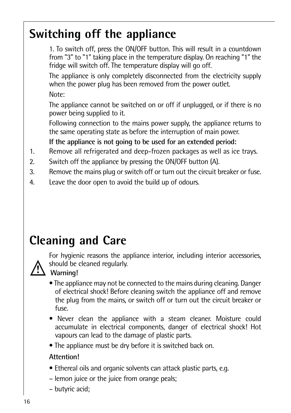 Switching off the appliance, Cleaning and care | Electrolux 72398 KA User Manual | Page 16 / 28