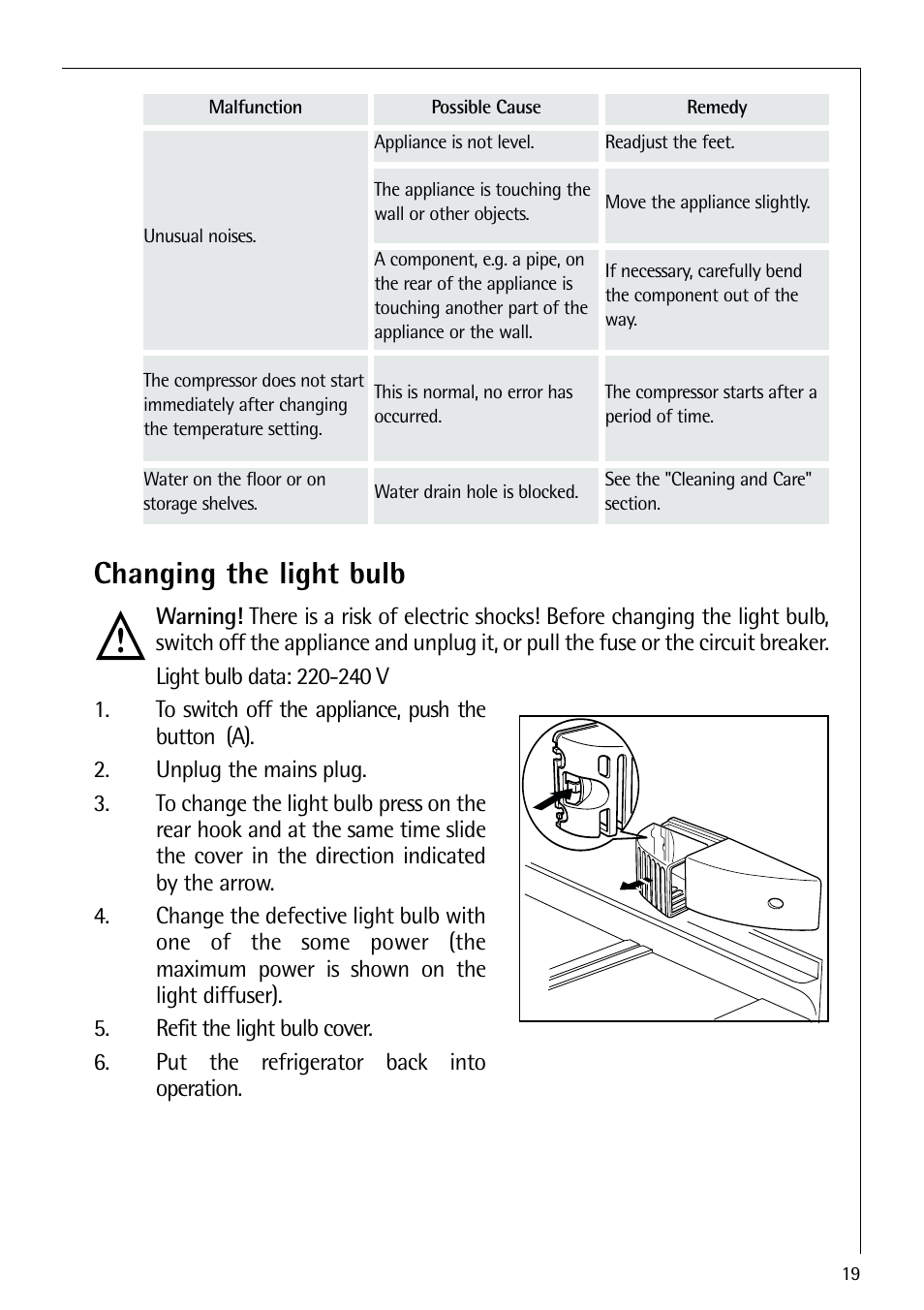 Changing the light bulb | Electrolux 72398 KA User Manual | Page 19 / 28