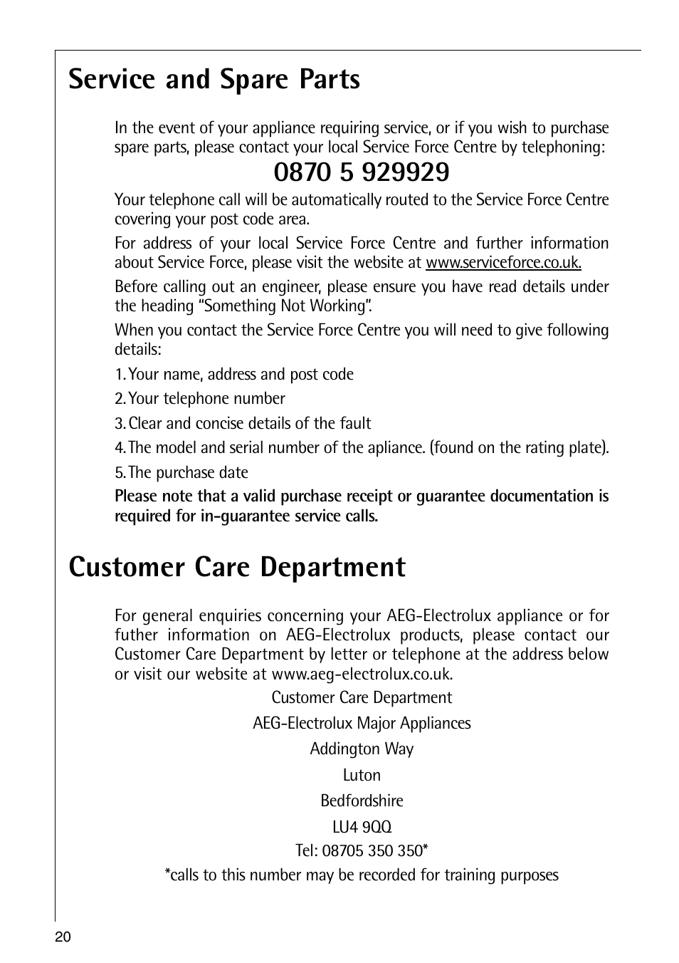 Service and spare parts, Customer care department | Electrolux 72398 KA User Manual | Page 20 / 28