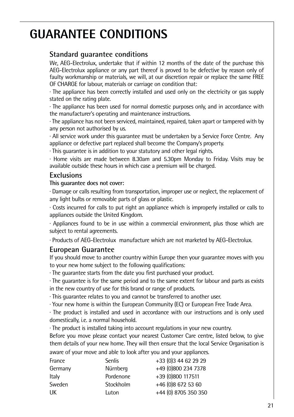 Guarantee conditions | Electrolux 72398 KA User Manual | Page 21 / 28