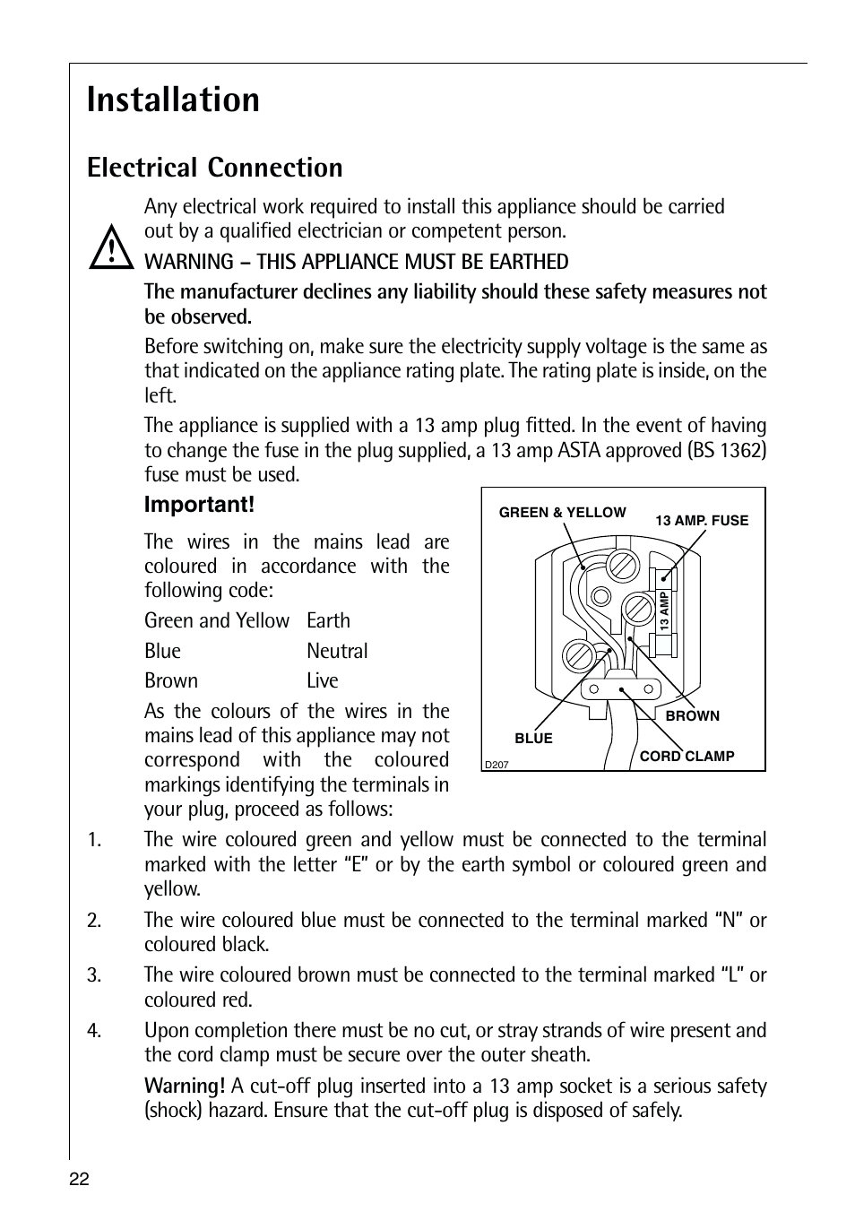 Installation, Electrical connection | Electrolux 72398 KA User Manual | Page 22 / 28