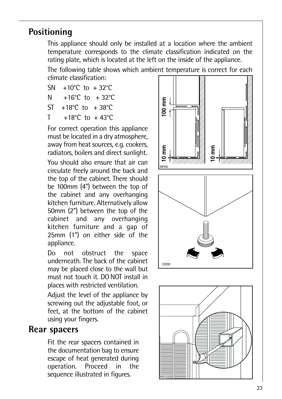 Positioning, Rear spacers | Electrolux 72398 KA User Manual | Page 23 / 28