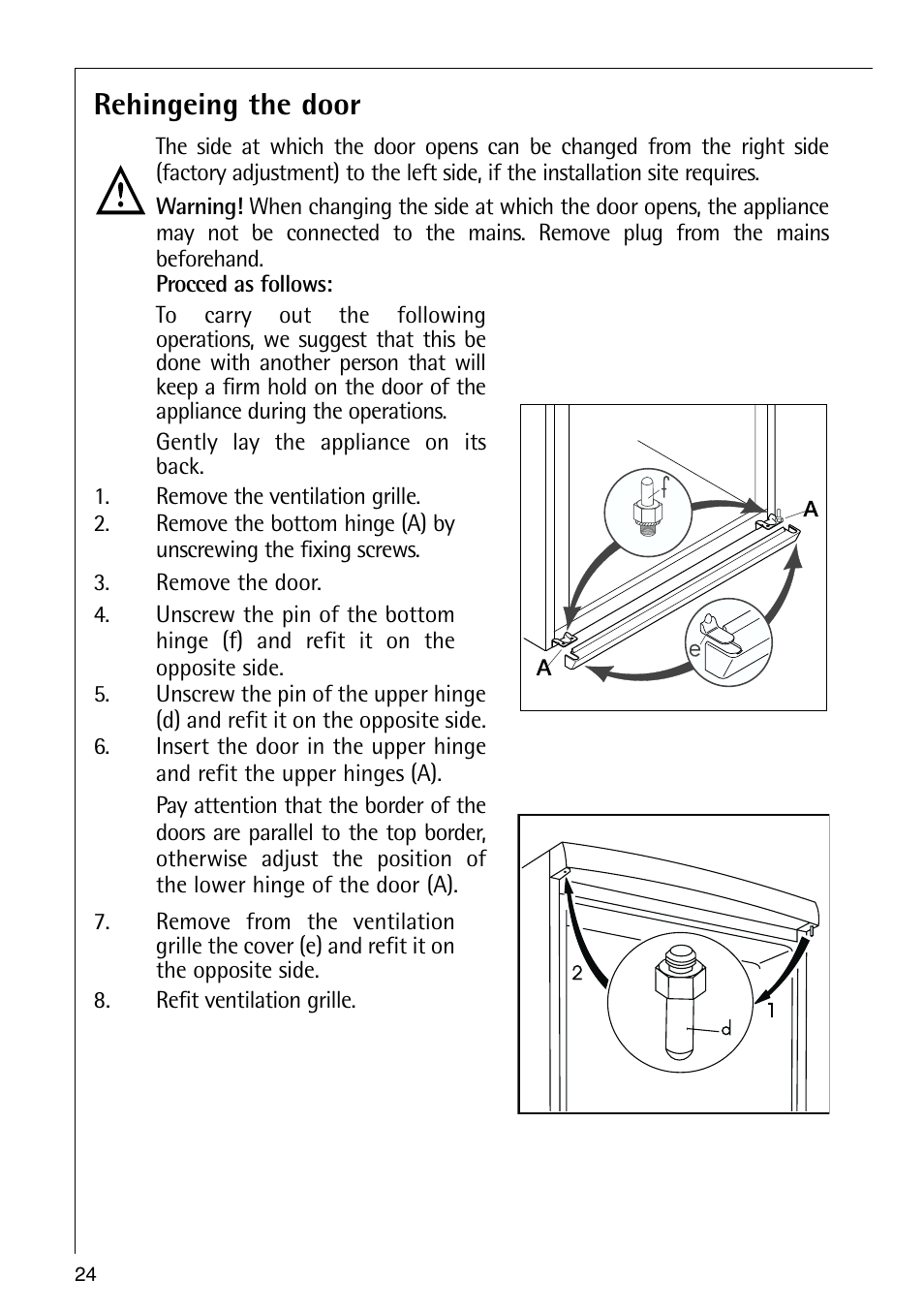 Rehingeing the door | Electrolux 72398 KA User Manual | Page 24 / 28