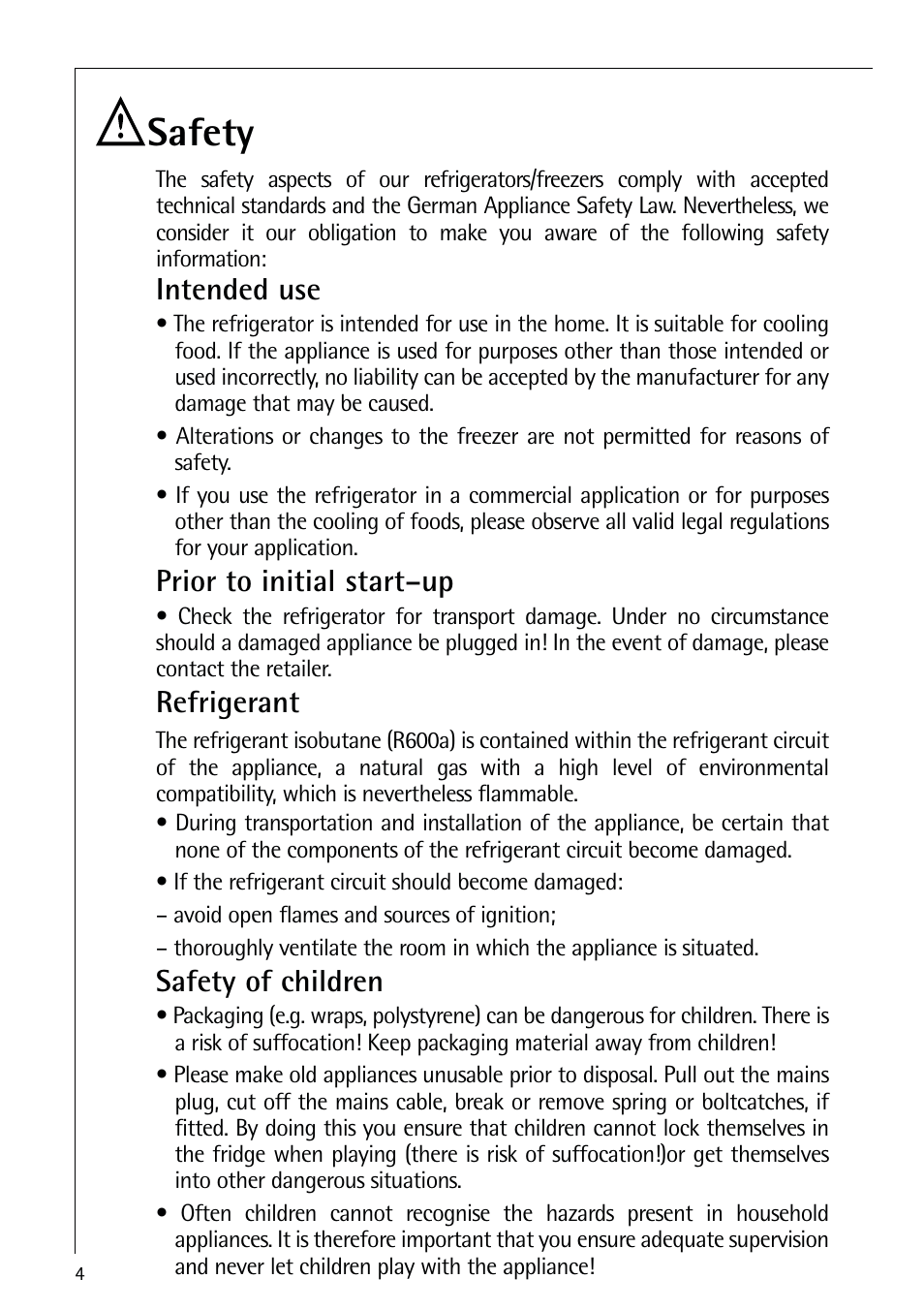 Safety, Intended use, Prior to initial start–up | Refrigerant, Safety of children | Electrolux 72398 KA User Manual | Page 4 / 28