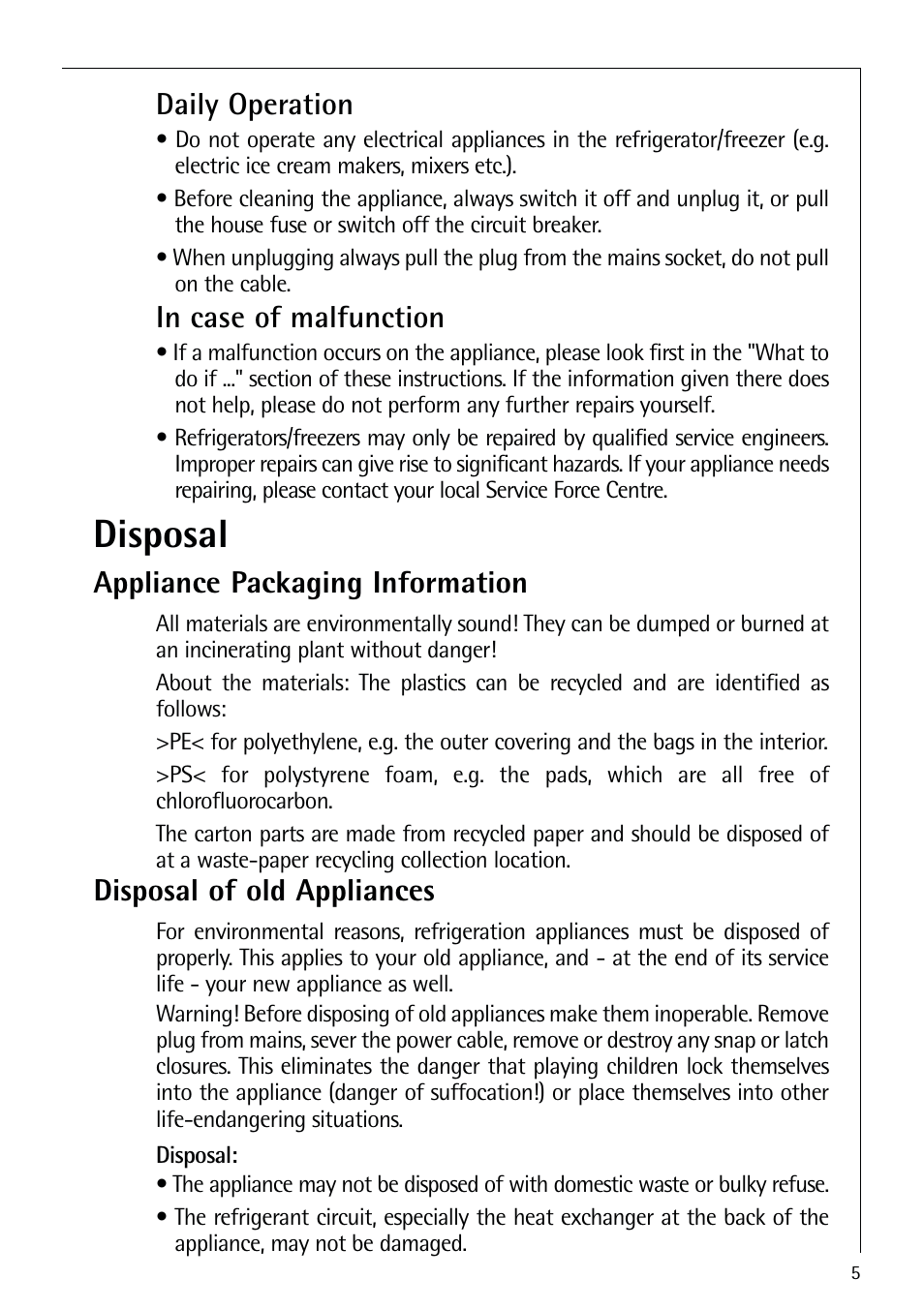 Disposal, Daily operation, Appliance packaging information | Disposal of old appliances | Electrolux 72398 KA User Manual | Page 5 / 28