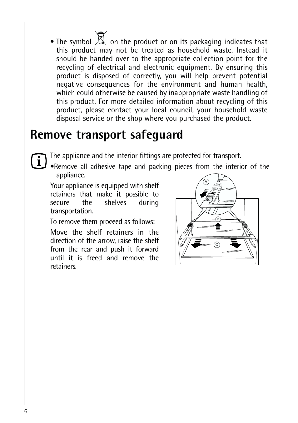 Remove transport safeguard | Electrolux 72398 KA User Manual | Page 6 / 28