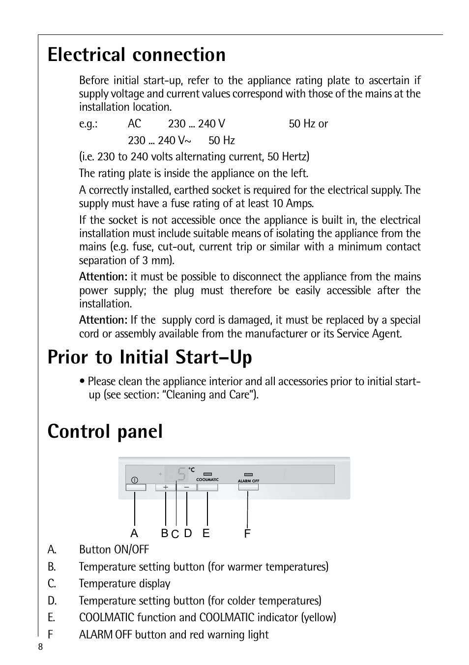 Electrical connection, Prior to initial start–up, Control panel | Electrolux 72398 KA User Manual | Page 8 / 28