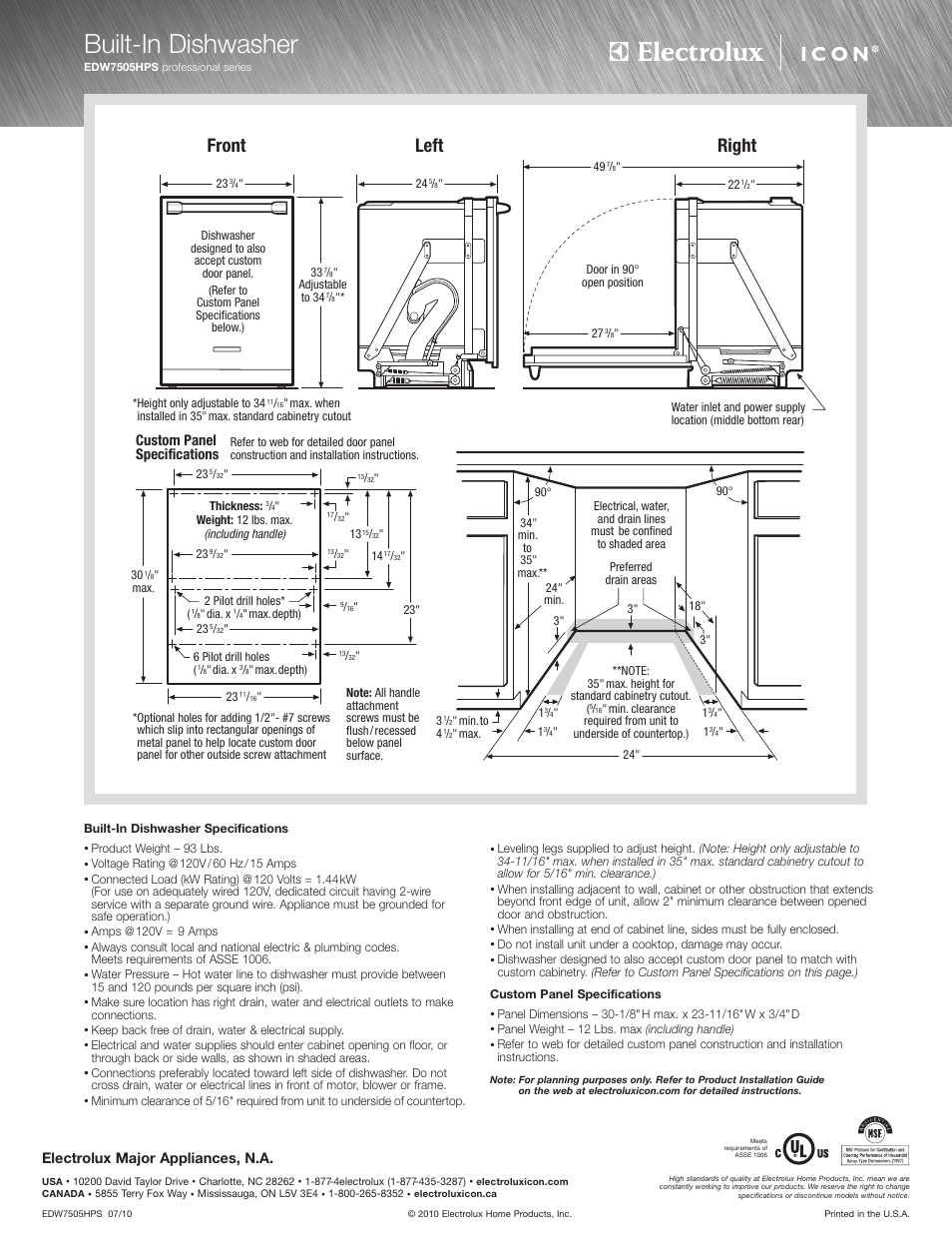 Built-in dishwasher, Right, Front | Left, Electrolux major appliances, n.a, Custom panel specifications | Electrolux BUILT-IN EDW7505HPS User Manual | Page 2 / 2