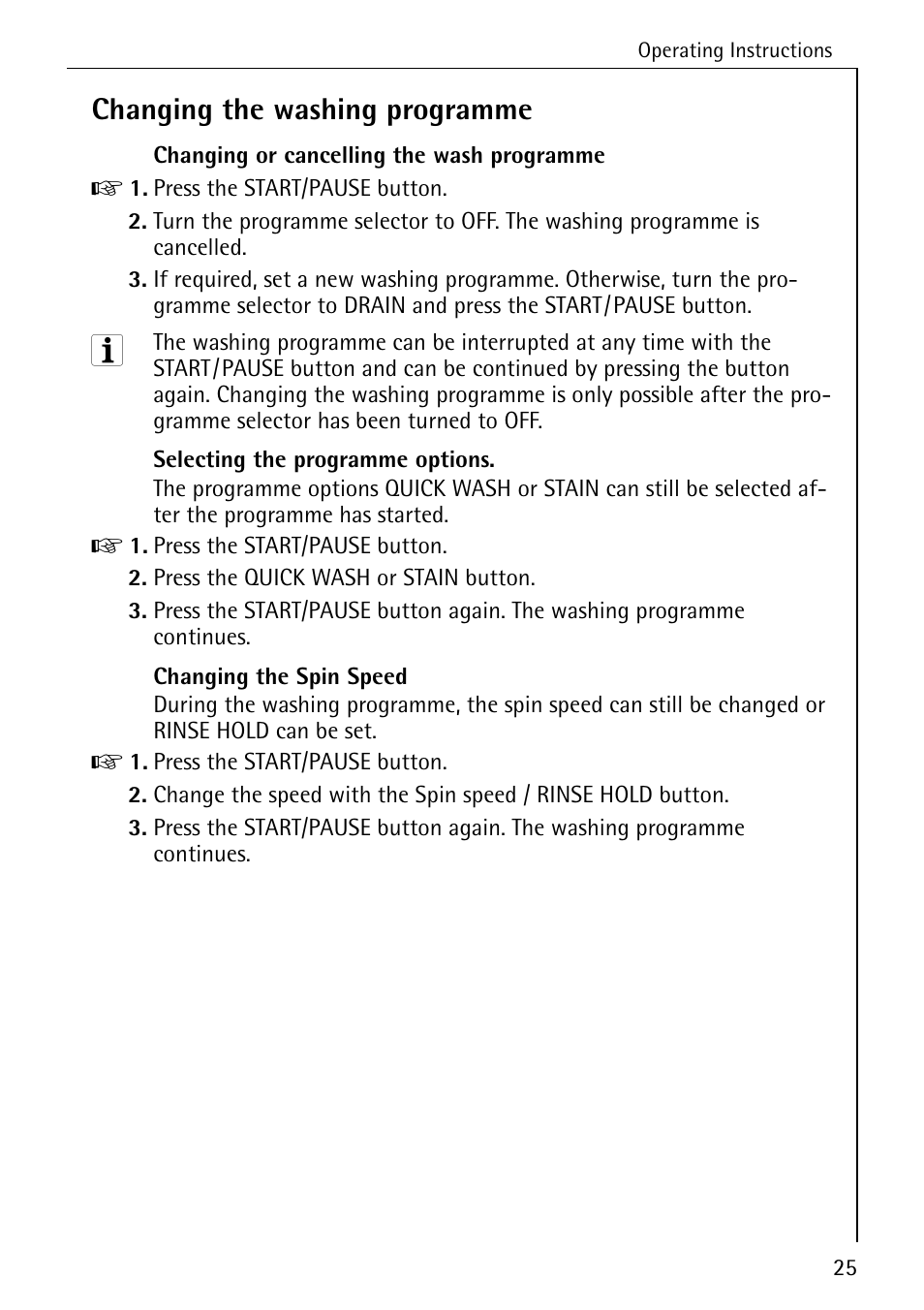 Changing the washing programme | Electrolux 72640 User Manual | Page 25 / 56