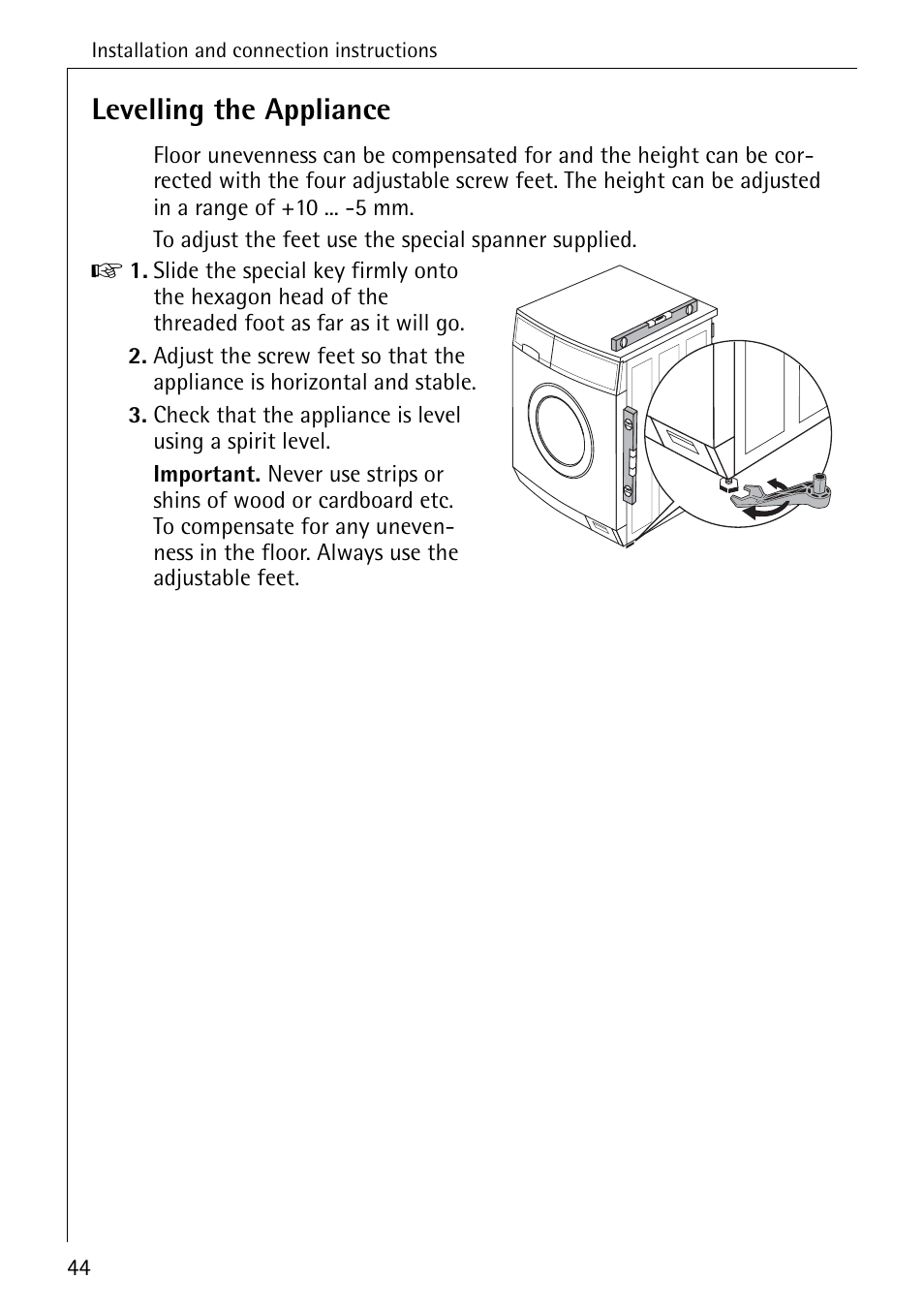 Levelling the appliance | Electrolux 72640 User Manual | Page 44 / 56