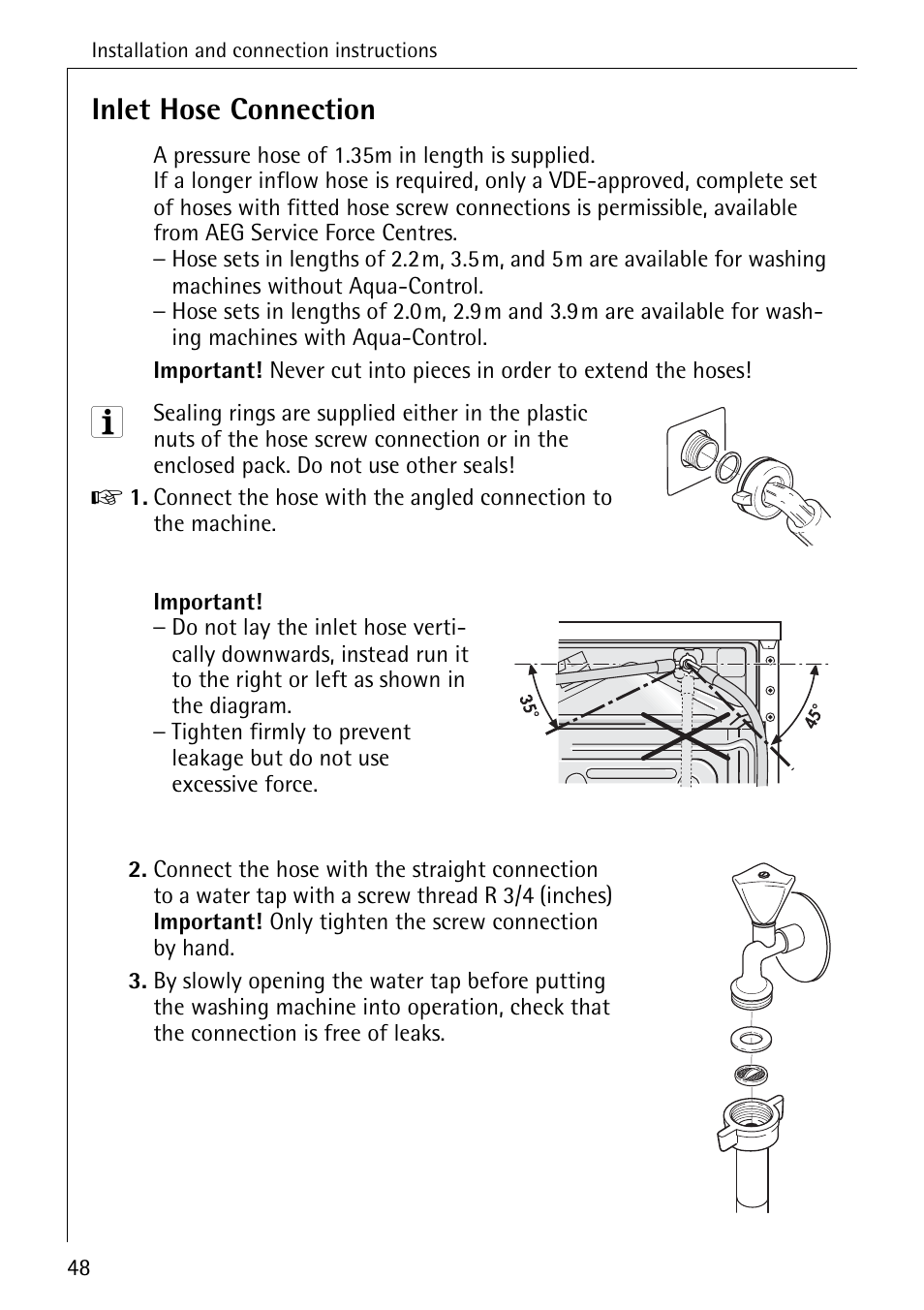 Inlet hose connection | Electrolux 72640 User Manual | Page 48 / 56