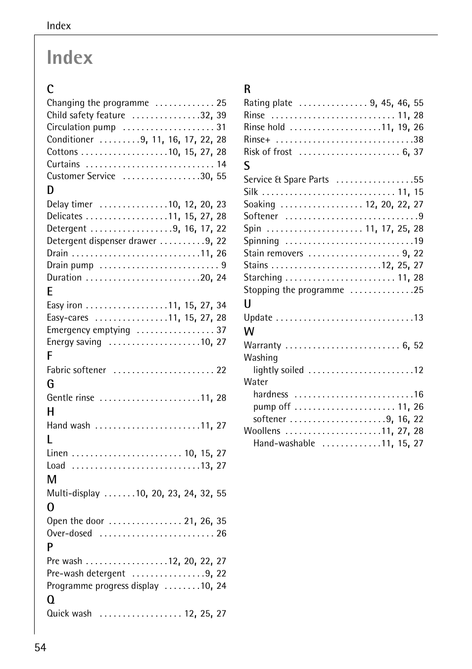 Index | Electrolux 72640 User Manual | Page 54 / 56