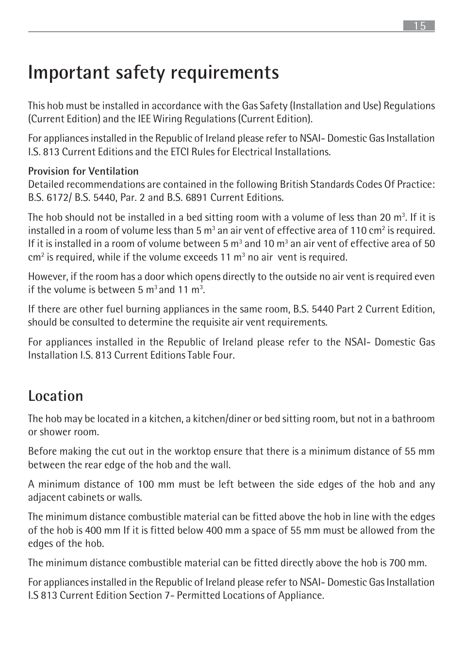 Important safety requirements, Location | Electrolux 65852 G User Manual | Page 15 / 32