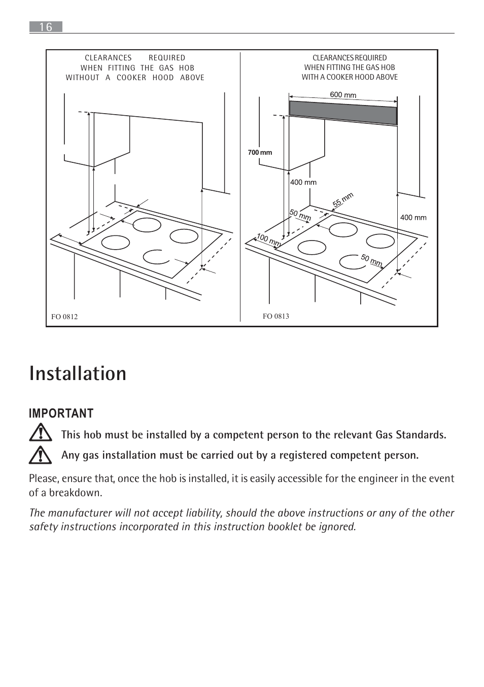 Installation, Important | Electrolux 65852 G User Manual | Page 16 / 32