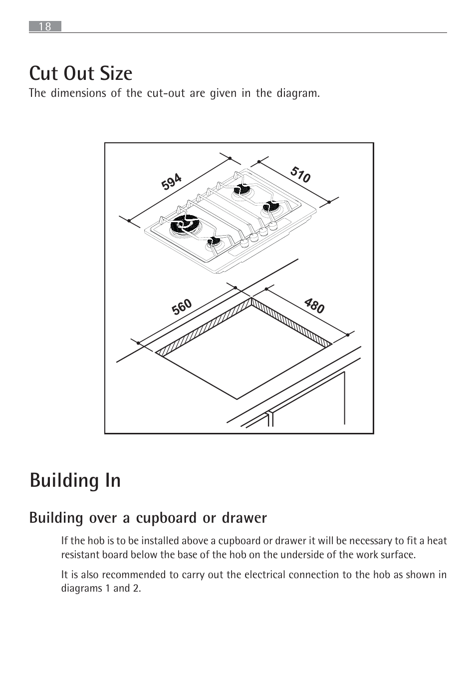 Cut out size, Building in, Building over a cupboard or drawer | Electrolux 65852 G User Manual | Page 18 / 32