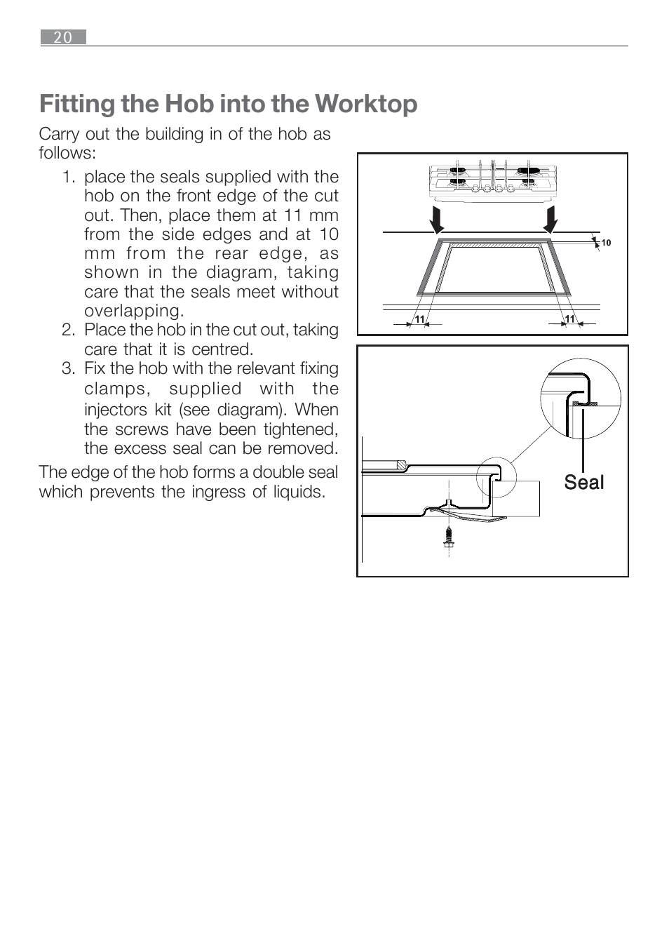 Fitting the hob into the worktop | Electrolux 65852 G User Manual | Page 20 / 32